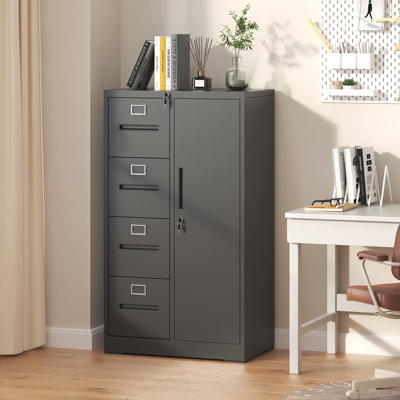 4-Drawer Metal Vertical Filing Cabinet with Lock and 1 Door for Home Office, Steel Storage Cabinet for Hanging Legal/Letter/A4 Size Files by Inbox Zero