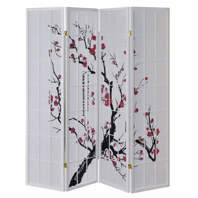 Sundas White 4 Panel Shoji Screen With Plum Blossom Prints