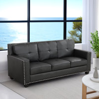 Black Vegan Leather Nailhead Trim Three-Seat Sofa by Winston Porter