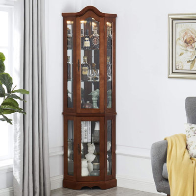 Corner Curio Cabinet With Lights, 2 Fixed Shelves And 3 Tempered Glass Shelves,walnut by Winston Porter