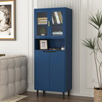 Tall Storage Cabinet w/2 Glass Display Door & 2 Doors, Kitchen Pantry Cabinet w/ Gold Handles