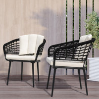 Outdoor Patio Woven Rope Chairs with Adjustable Feet, 1.97" Thick Cushions, Power-Coated Aluminum Frame, Black and Beige by George Oliver