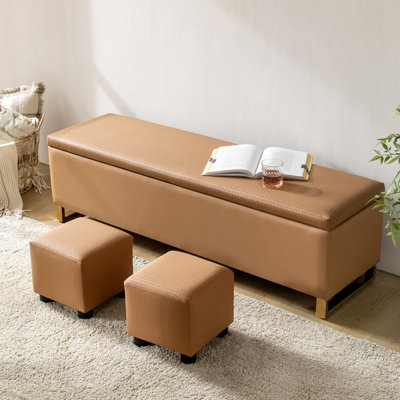 Mayowa Modern 60" Wide Storage Bench with  Two Ottomans and Diamond Weave Patterns by Mercer41