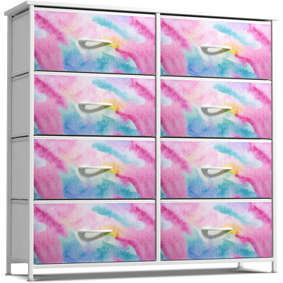 Dresser with 8 Drawers with Steel Frame, Wood Top, and Fabric Bins in Watercolor Tie Dye by Sorbus