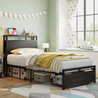 Bed Frames With Drawer, Storage Headboard With Outlets, No Box Spring Needed, Easy Assembly
