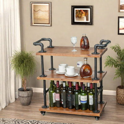 3 Tier Bar Cart, Home Bar Serving Cart, Wine Trolley, Rustic  Solid Wood And Industrial Matte Black Metal Pipe With 360-Degree Rolling Wheels by Trent Austin Design