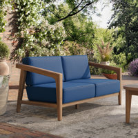 Lyam Wood Patio Loveseat With Blue Cushions by George Oliver