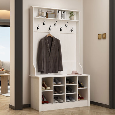 Modern Hall Tree With Storage Bench, 39.4" W X 15.7" D X 68.5" H, Wood Finish With 10 Shoe Compartments And 7 Hooks by Winston Porter