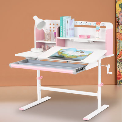 Inbox Zero 39" Wide Height Adjustable Kid Writing Desk With Drawers, Children Study Desk Table With Book Shelf by Inbox Zero