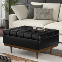 Mariah 34"W Upholstered Coffee Table Storage Ottoman with Lift Top and Solid Wood Legs by Simpli Home