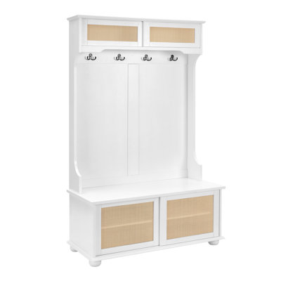 Brandilee Casual Style Hall Tree Entryway Bench with Rattan Door Shelves and Shoe Cabinets, SOLID WOOD Feet by Bayou Breeze