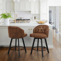 Elyana Counter Height Bar Stools Set Of 2, Swivel Bar Stool With Back, Faux Leather Counter Stool, Metal Legs, Retro Upholstered Barstools For Kitchen