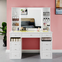 Vanity Set With Extra Large Lighted Mirror, Top Dressing Table With 9 Drawers, Makeup Vanity, European Style Vanity, Adjustable Brightness Vanity For
