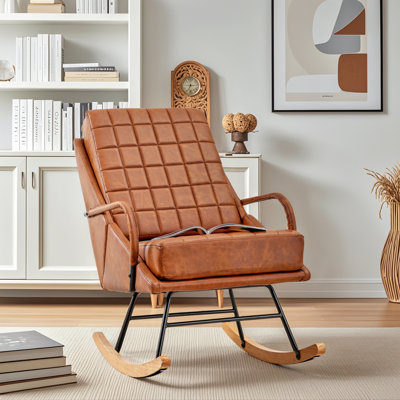 Faux Leather Rocking Armchair For Nursery Mid Century Modern Recliner Upholstered Accent Comfy Lounge Arm Chair For Bedroom,Living Room, Vintage Brown