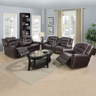 3 Piece Oversize Premium Leather Manual Recliner With Rivets  Living Room Set by Lark Manor