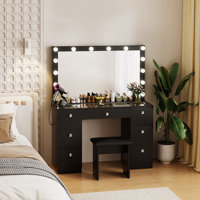 Greyden Large Lighted Mirror Makeup Vanity Set with Glass Top, Outlet and 7 Drawers by Latitude Run