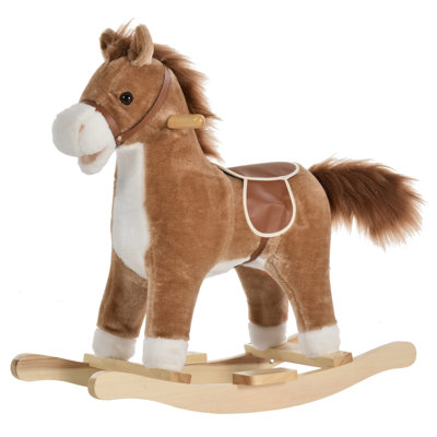Rocking Horse Plush Animal On Wooden Rockers, Baby Rocking Chair With Sounds, Moving Mouth, Wagging Tail
