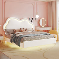 Zoomie Kids Floating Bed Frame with Adjustable LED Headboard and Leather Upholstered by Zoomie Kids