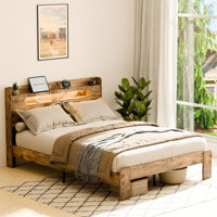 Bed Frame Queen Size with LED Lights and USB Ports, Metal Frame with Headboard, Large Storage Space