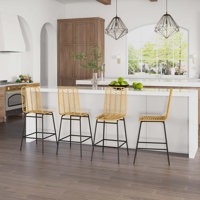 Rattan Bar Stools Set Of 4, 26" Counter Height Barstools, Boho Kitchen Island Stools, Yellow by Bay Isle Home