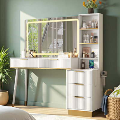 48" Vanity Desk with 35" Large Lighted Mirror, 5 Drawers & Shelves & Charging Station by Willa Arlo Interiors