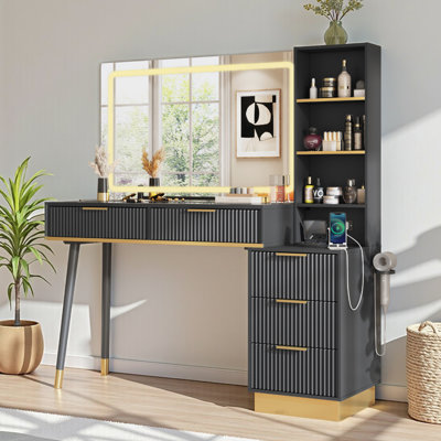 48" Vanity Desk with 35" Large Lighted Mirror, 5 Drawers & Shelves & Charging Station by Willa Arlo Interiors