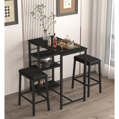 Stourbirdge 3 Piece Dining Table Set for 2, Compact Dining Set w/Storage Shelves and Kitchen Stools by 17 Stories