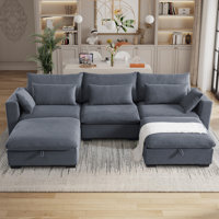Secondina 120"W U-shaped Corduroy Sectional Sofa With Storage Ottoman