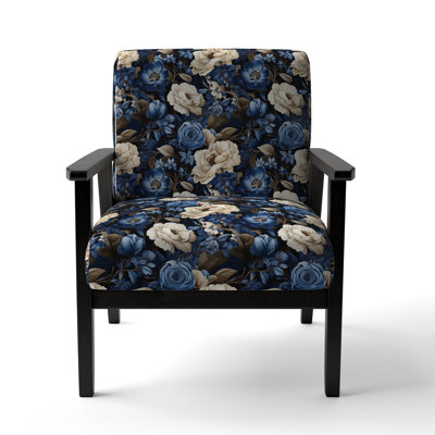 Cobalt Blue Scrollwork Swirls Victorian Pattern II - Upholstered Floral Accent Chair by Bungalow Rose