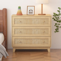 Ashari Rattan 3 Drawer Dresser, Chest of Dressers,Boho Wood Modern Dresser Drawer Chest with Wood Handles by Bay Isle Home