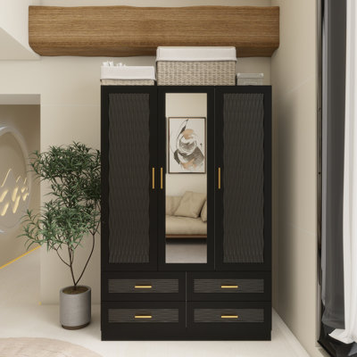 3-Door Solid Manufactured Wood Armoire with Mirroir, Black, 71“ H x 47" W x 20" D by Mercer41