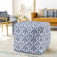 Chaimas Blue/White Transitional Floral Hand-Woven Cotton Square Ottoman Pouf by Bungalow Rose