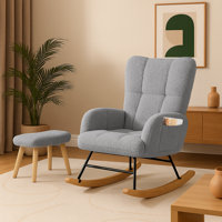 Nursery Rocking Chair with Ottoman, Teddy Upholstered Glider Rocking Chair with Side Pockets, Macfarland Accent Chair with High Backrest Reading Chair