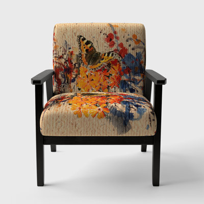 Magiera - Buttlerfly In Watercolor Painting - Velvet Upholstered Floral Accent Arm Chair by George Oliver