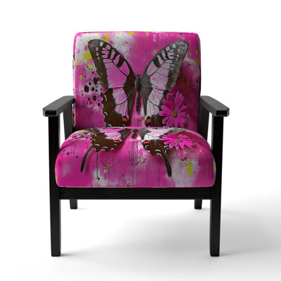 Magiera - Buttlerfly In Watercolor Painting - Velvet Upholstered Floral Accent Arm Chair by George Oliver