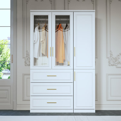 Three-Door Wardrobe With Glass Panels, Golden Handles, And Ample Storage - Modern Design With Dual Hanging Rods And Drawers by Lark Manor