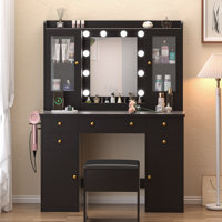 Durnan Vanity & Stool ,LED Lights And Power Outlet, Bedroom Makeup Vanity Table With 2 Glass Storage Cabinet And 7 Drawers by Ebern Designs