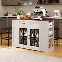 Medeeha Large Portable Kitchen Island Table With Storage Drop Leaf & 2 Bar Stools Seating For Kitchen On Wheels With Power Outlet & Footrest by Gracie Oaks