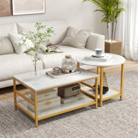 Mottram Modern Coffee Table Set of 2 - Faux Marble Top & Gold Frame with Storage, Living Room Side Tables (Rectangle + Round) by Everly Quinn
