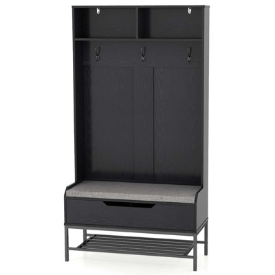 Ebern Designs Tall Hall Tree With Seat Cushion Open Compartments Hooks Lift-top Storage by Ebern Designs