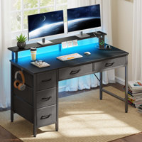 Computer Desk with Monitor Stand & Charging Station, Gaming Desk with LED Lights & Drawers by Wrought Studio
