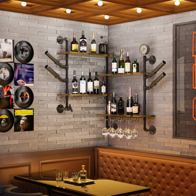 Industrial Pipe Bar Wall Liquor Shelf Floating Shelves With Wine Glass Holder by Trent Austin Design