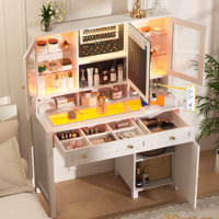 Nayaab Makeup Vanity Desk with Jewelry Organizer, LED Smart Mirror and RGB Lights, Elegant Glass Tabletop&Side Doors by Ivy Bronx