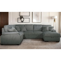 Corduroy U-Shape Sectional With Pull Out Bed & Storage Chaise + 6 Pillows by Latitude Run