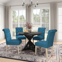 August GroveCoit 5-Piece Dining Set, Cross-Buck Round Table With 4 Tufted Chairs by August Grove