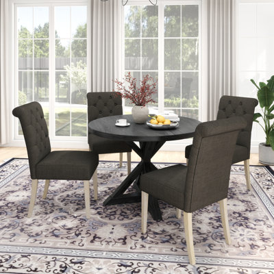 August GroveCoit 5-Piece Dining Set, Cross-Buck Round Table With 4 Tufted Chairs by August Grove