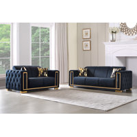 Keymara 2 - Piece Sofa and Loveseat Black Velvet Living Room Set by House of Hampton