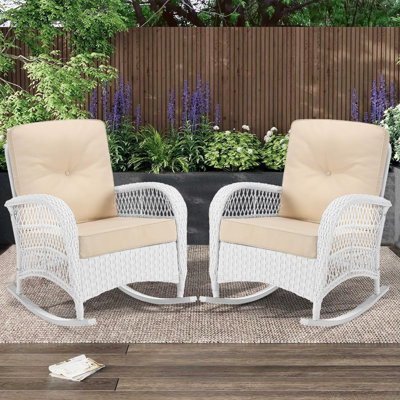 Beachcrest Home Outdoor Wicker Rocking Chairs Set Of 2, Rattan Patio Rocker Chairs With Thick Cushions And High Back, All-Weather Patio Wicker Chair by Beachcrest Home