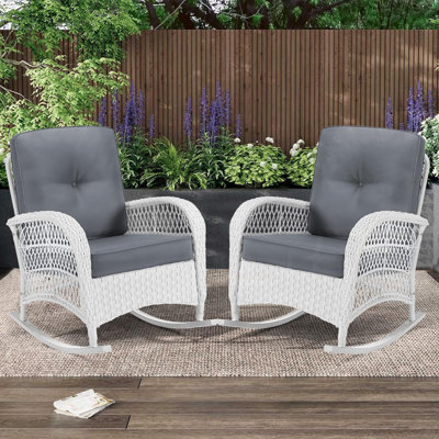 Beachcrest Home Outdoor Wicker Rocking Chairs Set Of 2, Rattan Patio Rocker Chairs With Thick Cushions And High Back, All-Weather Patio Wicker Chair by Beachcrest Home