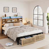 Aubreylynn Rattan Bed Frame with Storage Headboard and 2 Drawers, LED Bed Frame with Charging Station